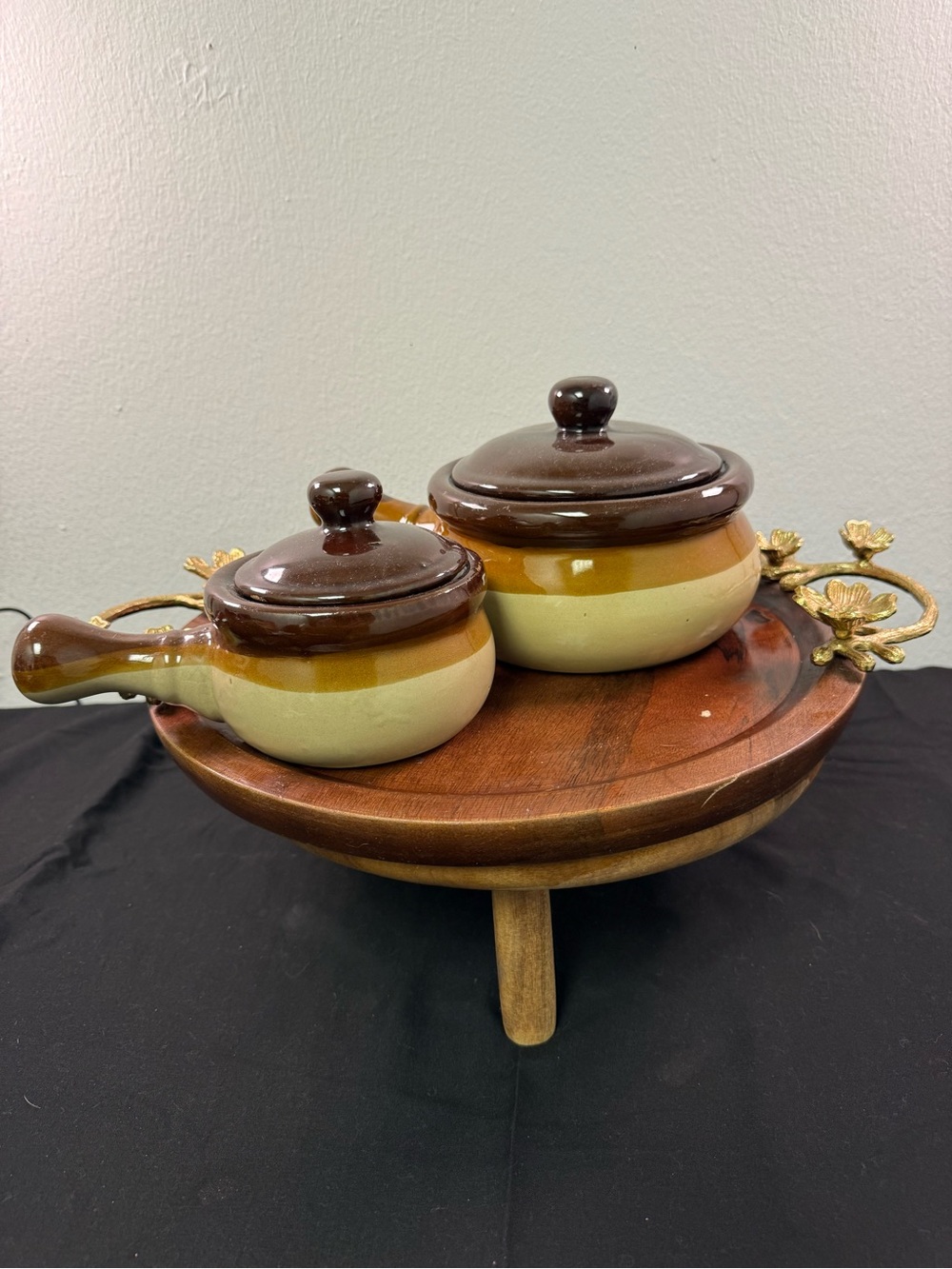 Vintage 2-Tone Glazed Stoneware Handeld Soupbowl and Lidded Crock